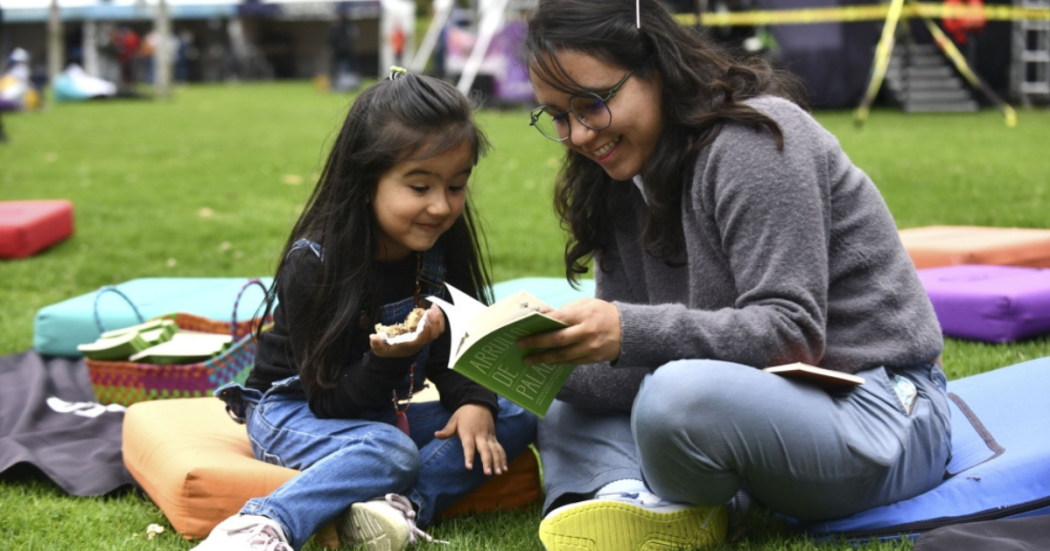 Imagen de una señora con una niña sobre el pasto leyendo un libro de BibloRed
