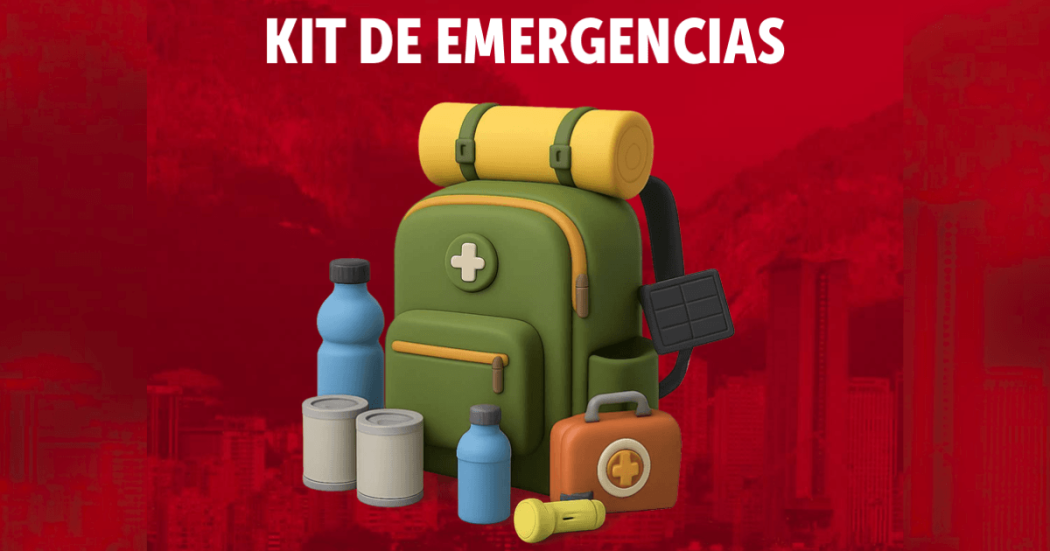 Ilustración de un kit de emergencias con mochila, botellas de agua, linterna, botiquín y provisiones sobre fondo rojo. Con Texto que dice: “KIT DE EMERGENCIAS”.