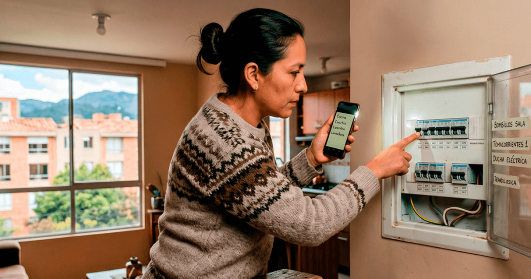 Persona señala el tablero eléctrico de una vivienda mientras sostiene un teléfono móvil con una lista de verificación.