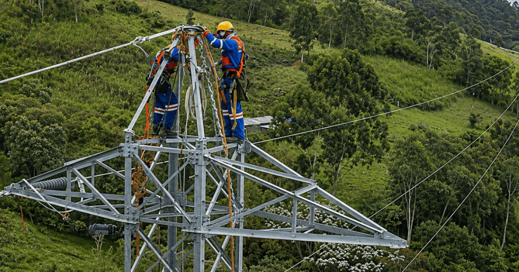 Foto que muestra a un operario de la empresa de energía haciendo una reparación en estructuras de prestación de energía en zona rural.