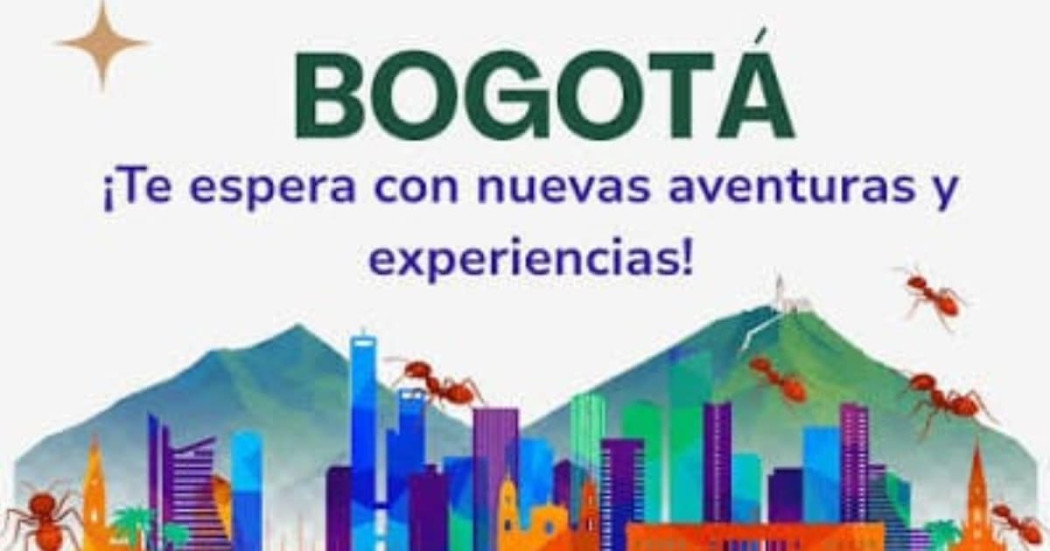 Dibujo de Bogotá con un texto de te espera con nuevas aventuras y experiencias.