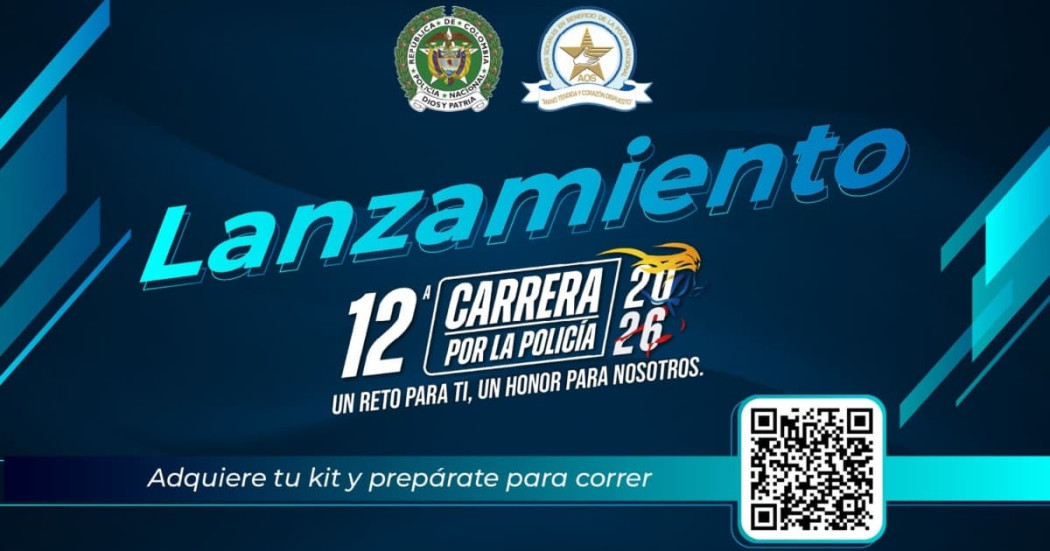 Logos de la policía y un letrero que dice Lanzamiento 12a Carrera por la Policía 2026