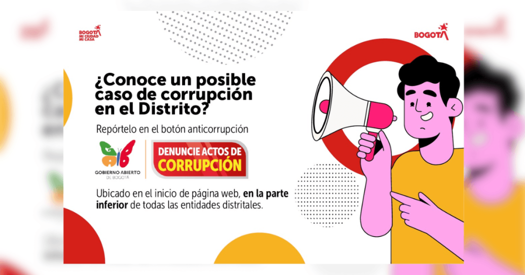 Pieza gráfica informativa con ilustración de una persona sosteniendo un megáfono. El texto dice: “¿Conoce un posible caso de corrupción en el Distrito? Repórtelo en el botón anticorrupción”.