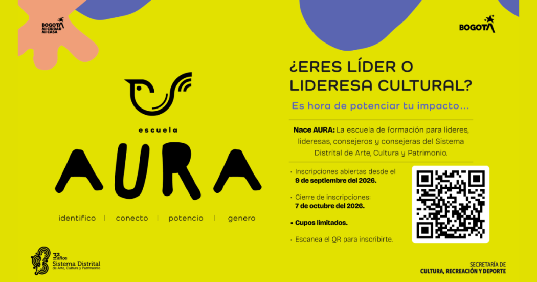 Imagen amarilla con morado en la que se encuentra la información promocional de la Escuela AURA.