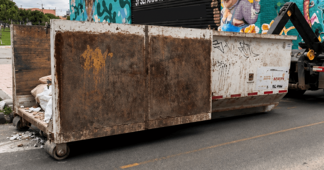 Contenedor metálico de gran tamaño utilizado para la recolección de residuos, ubicado sobre una vía pavimentada.