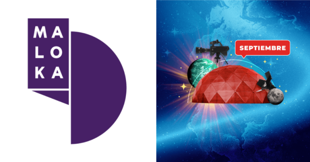 Logo de Maloka junto a ilustración espacial con domo rojo, cámara, telescopio, planeta, luna y el texto “SEPTIEMBRE” sobre fondo azul.