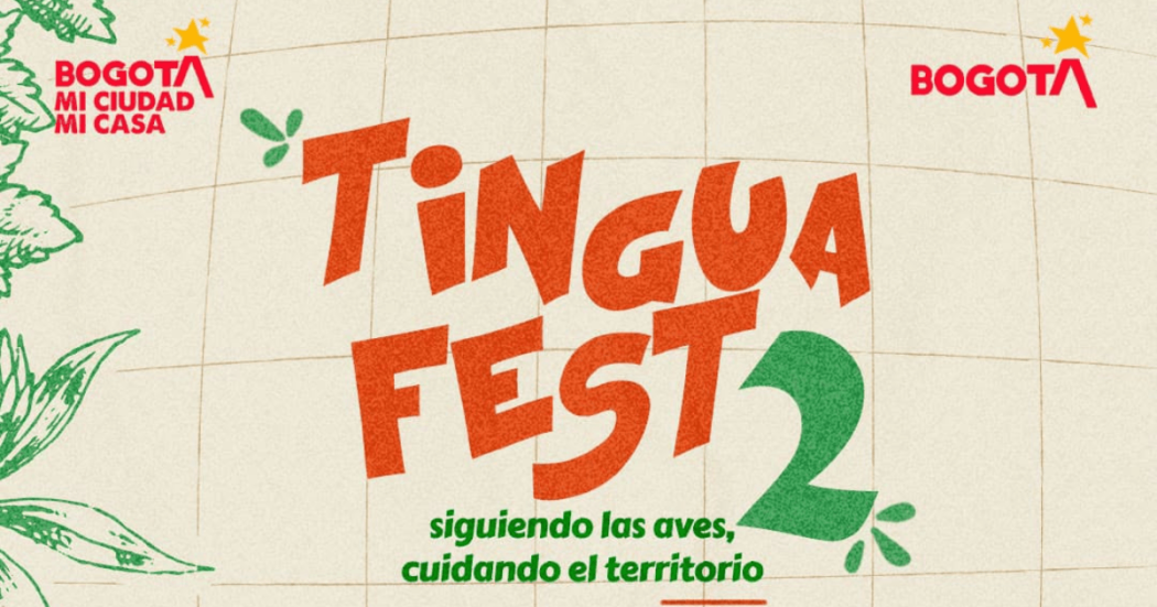 Pieza gráfica con fondo color crema cuadriculado y elementos ilustrados en verde. En el centro aparece el texto: “TINGUA FEST 2” en letras naranjas y verdes, acompañado del mensaje “siguiendo las aves, cuidando el territorio”.