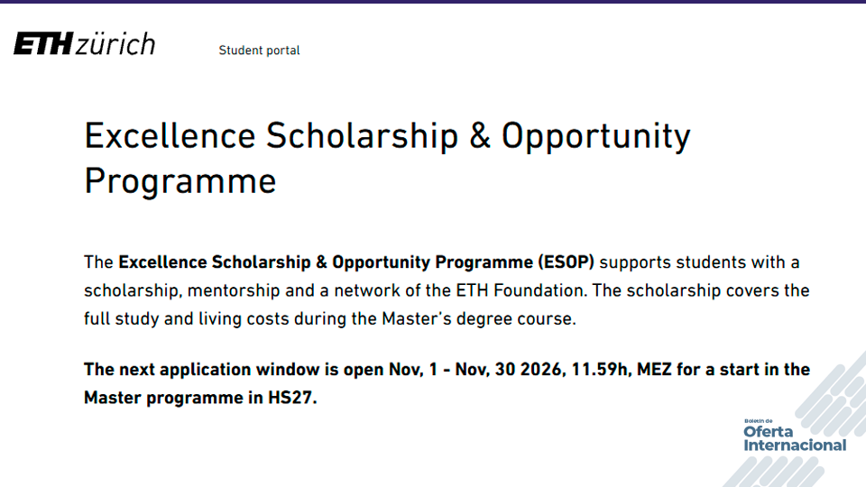 Becas ESOP de ETH Zurich para estudios de maestría en Suiza