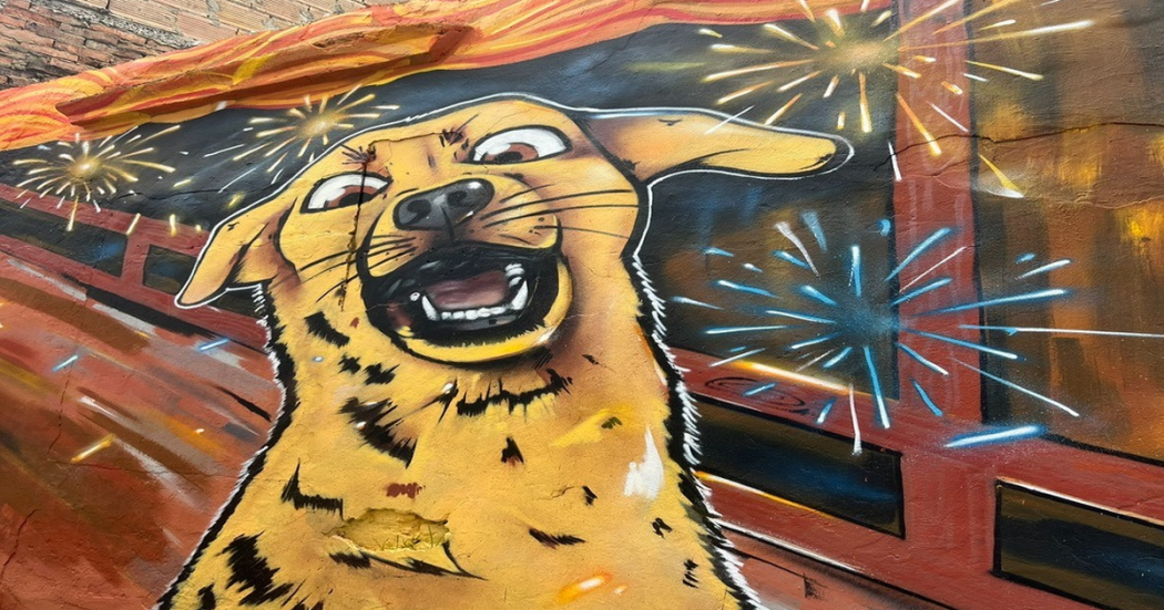 Foto de un mural o pintura de un perro, con un fondo de show pirotécnico.