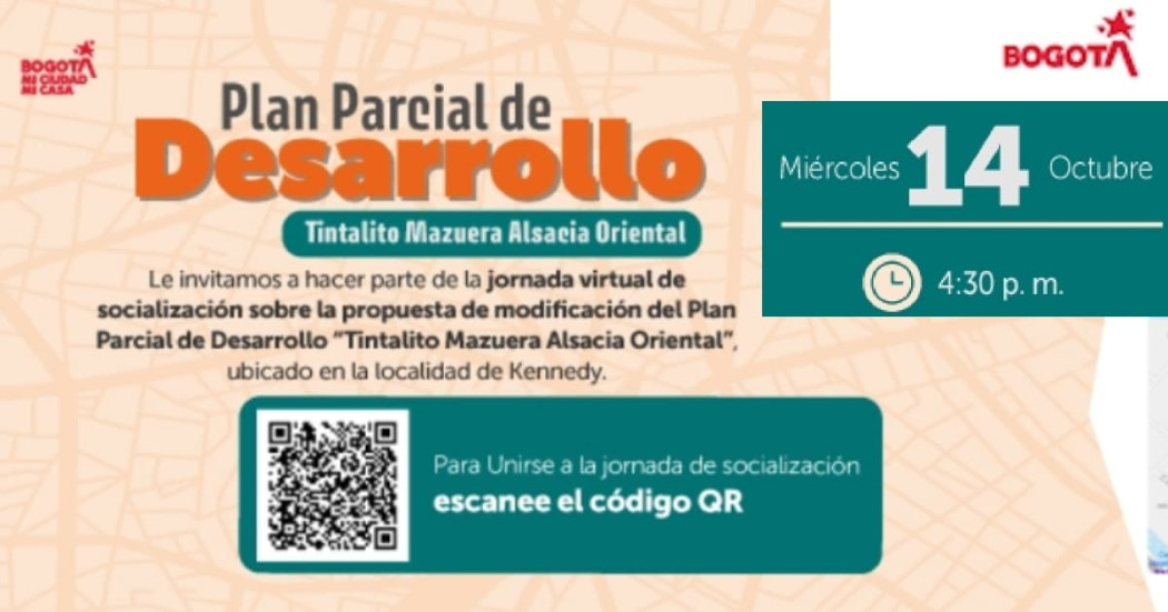 Pieza gráfica de invitación al encuentro de socialización Plan Parcial intalito Mazuera Alsacia en Bogotá.