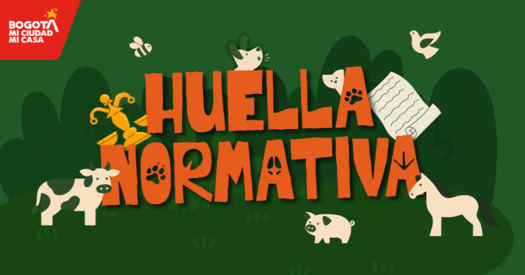 Logo de Huella Normativa, biblioteca jurídica animalista del IDPYBA, en fondo verde con ilustraciones de animales domésticos y silvestres de Bogotá.