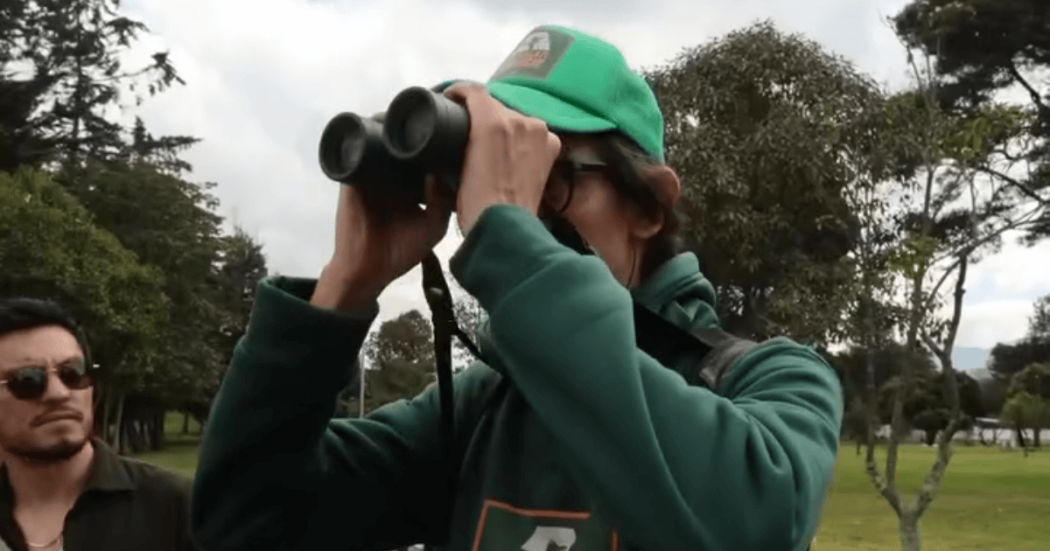 Funcionario de la Secretaría de Ambiente con binoculares observa aves o fauna en una zona verde con árboles y césped, durante una actividad de monitoreo ambiental al aire libre en Bogotá.