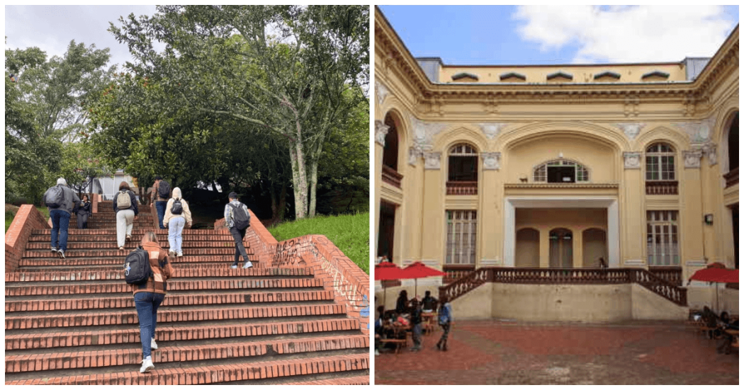 Foto que muestra personas subiendo una escalera y la fachada de un edificio