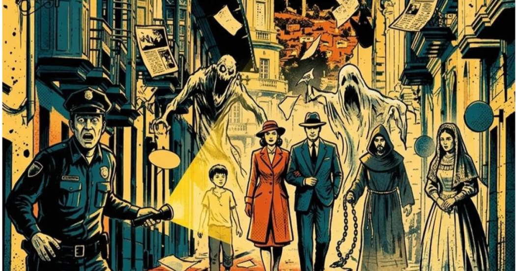 Imagen en ilustración de algunos de los personajes mitológicos de La Candelaria en Bogotá. 