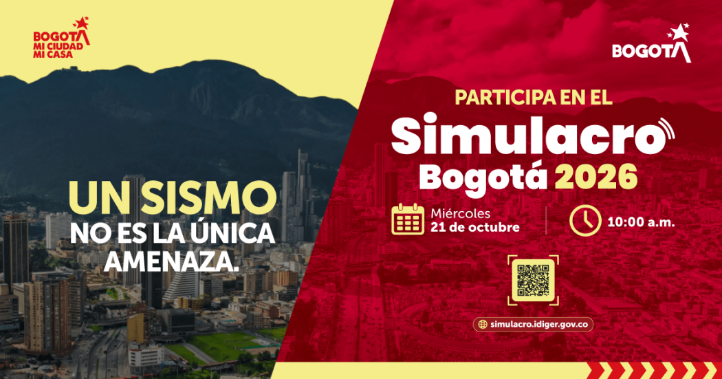 Afiche promocional del Simulacro Bogotá 2026 con fondo en tonos rojo y amarillo, ilustración de montañas, código QR y textos alusivos a la participación ciudadana en actividades de preparación.