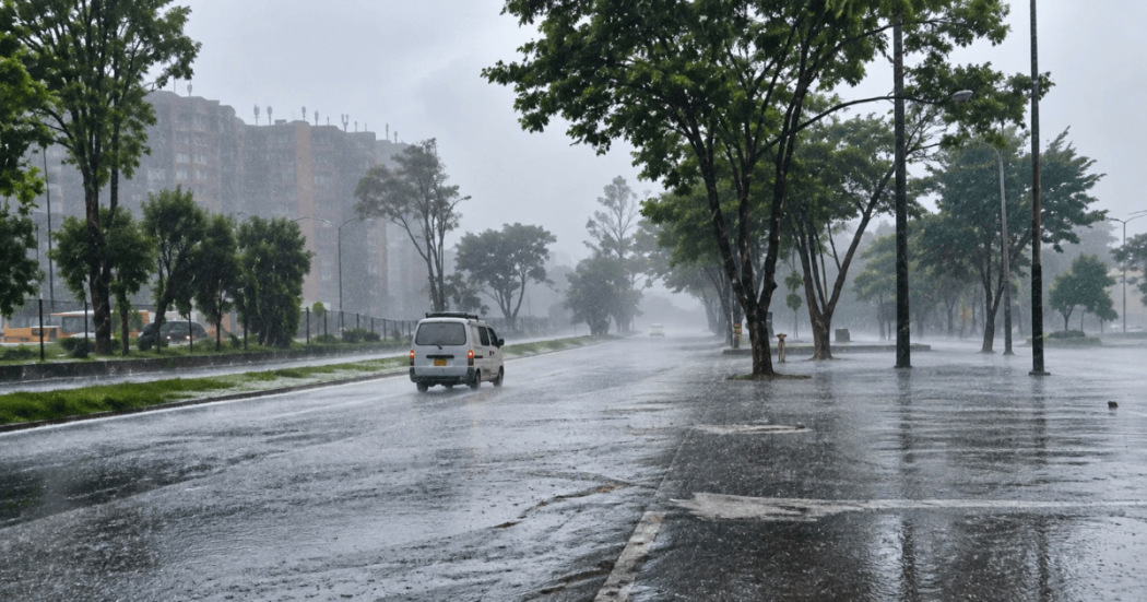Vehículo circula por una vía inundada durante una fuerte lluvia, mientras árboles se observan a los lados de la calzada bajo cielo gris en granizada en Bogotá.
