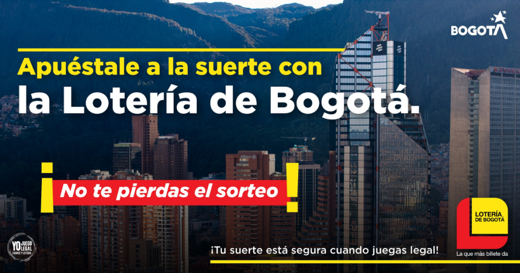 Pieza gráfica promocional de la Lotería de Bogotá con fondo rojo y elementos gráficos alusivos al juego de azar. En la imagen se lee el mensaje: “Juega la Lotería de Bogotá y transforma tu vida”