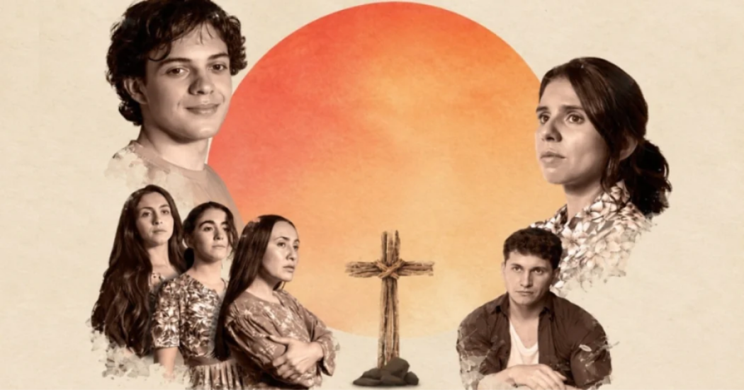 Imagen de los personajes de la obra, en el centro de ellos se ve una cruz.