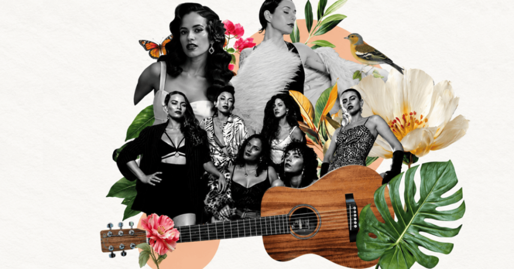 Imagen de varias mujeres que componen el cartel de artistas que se presentarán en este concierto, en la parte inferior se ve una guitarra.