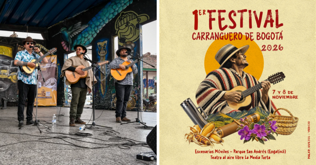 Imagen del cartel promocional del Festival Carranguero de Bogotá y de tres hombres en tarima que visten ruana y tiple.
