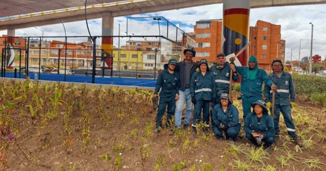 Personal del Jardín Botánico de Bogotá posa junto a jardineras con plantas ornamentales en un espacio público, con una cancha de pádel y edificaciones al fondo.