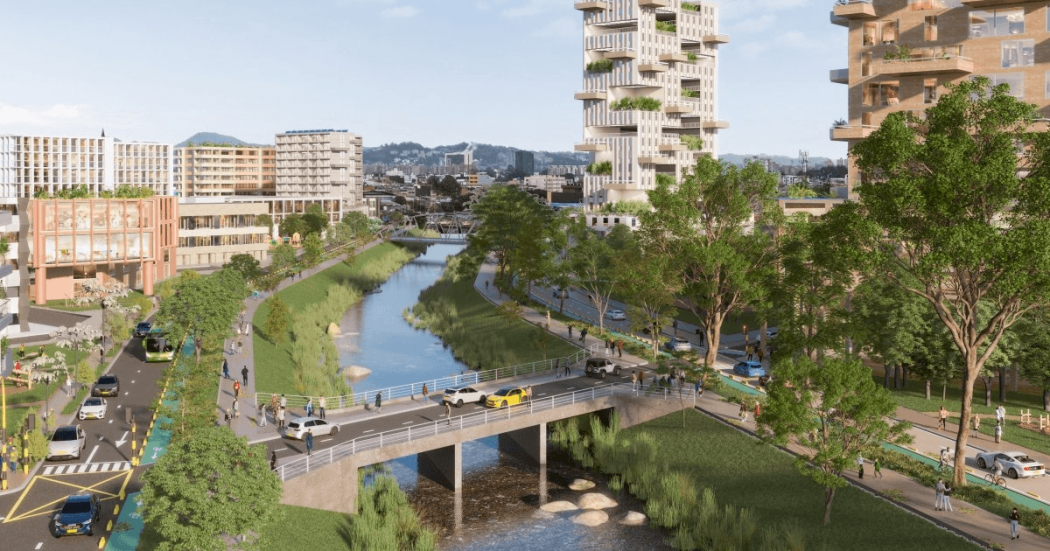 Foto que muestra un render del Canal Salitre con carros y edificios al fondo