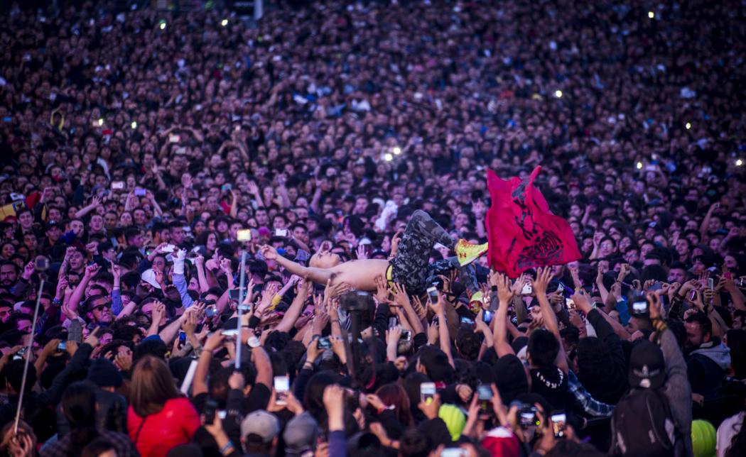 un grupo de gente en un concierto alzando a un hombre que lleva una bandera en la mano 