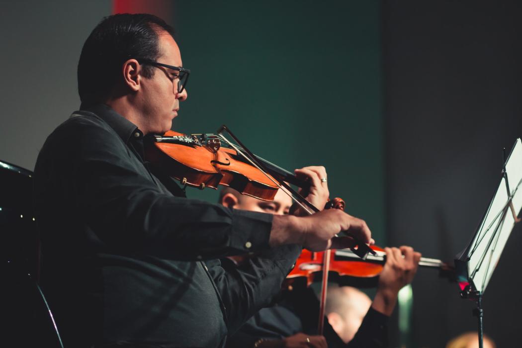 Una fila de hombres tocando el violín en un concierto de música clásica 