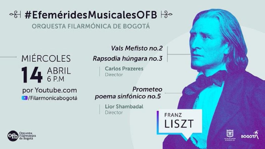 La Orquesta Filarmónica de Bogotá (OFB) conmemorará los 250 años del natalicio de Franz Liszt con un concierto este miércoles 14 de abril. Imagen: OFB.