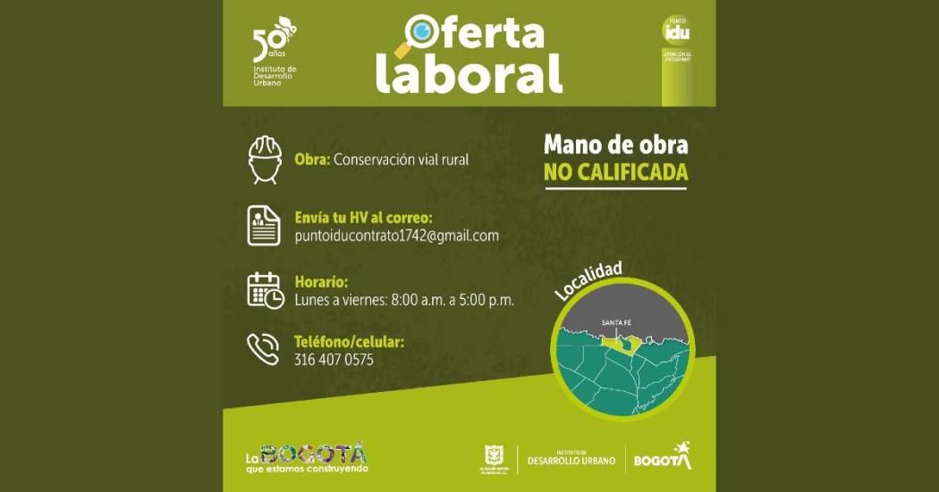 Oferta de empleo para mano de obra no calificada en Bogotá por el IDU