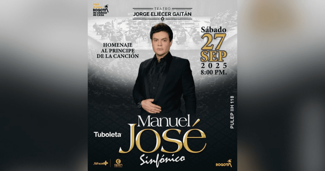 Pieza gráfica del cantante Manuel José con información de su concierto en el Teatro Gaitán.