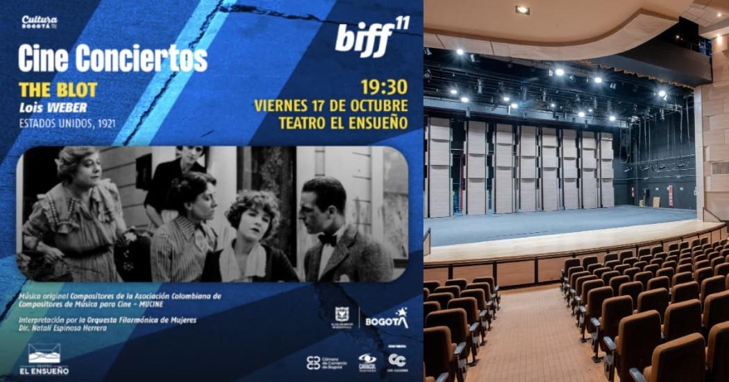 Imagen azul con imágenes e información del cine concierto