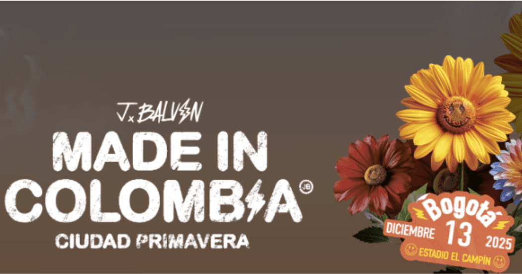 Imagen de fondo magenta claro con información del concierto del artista en Bogotá.