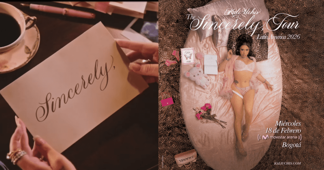 Imagen a la izquierda de las manos de una mujer con una carta en la que se lee Sincerely, el nombre del tour de la artista. A la derecha el cartel promocional del concierto en el que se ve la artista acostada en un colchón rosado.