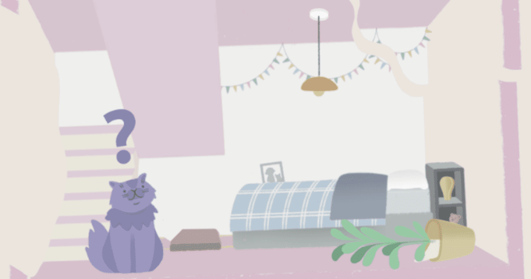 Imagen de una casa con fondo de colores pastel donde hay un gato gris, una planta en una matera caída y de fondo se ve una cama con tendido verde