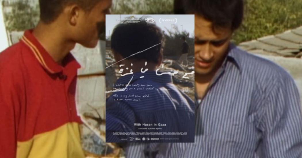 Imagen de afiche y escena de película With Hasan in Gaza