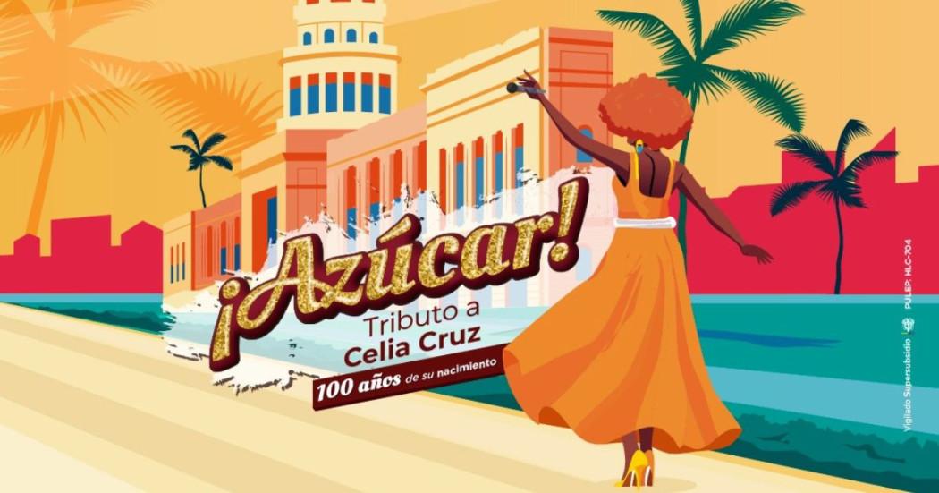 Imagen afiche tributo a Celia Cruz en letras y figura femenina