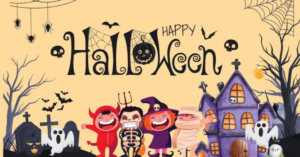 Imagen animada niños disfrazados en letras Feliz Halloween