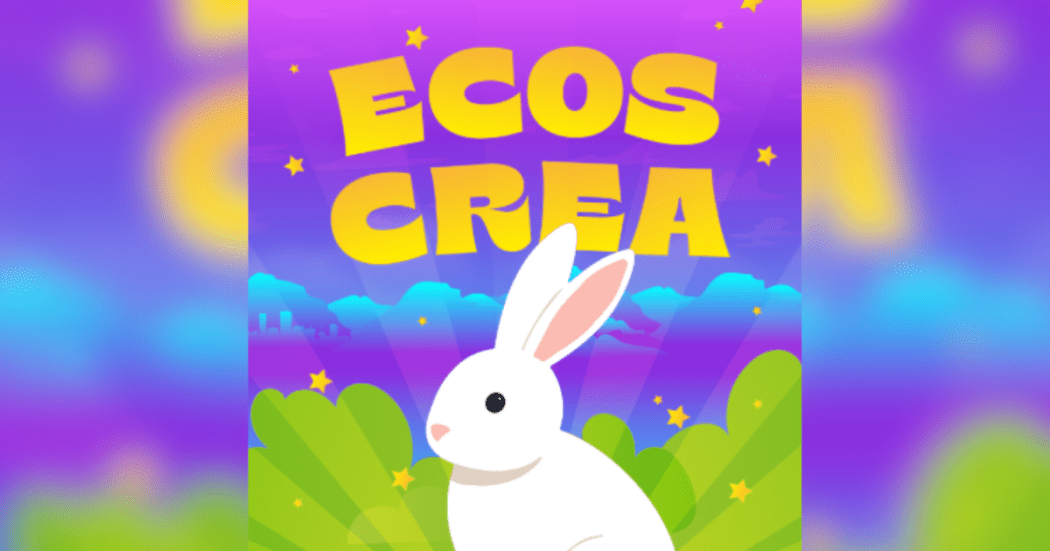 Imagen de un conejo blanco con orejas rosadas con fondo de un paisaje verde y cielo azul, se lee ECOS Crea