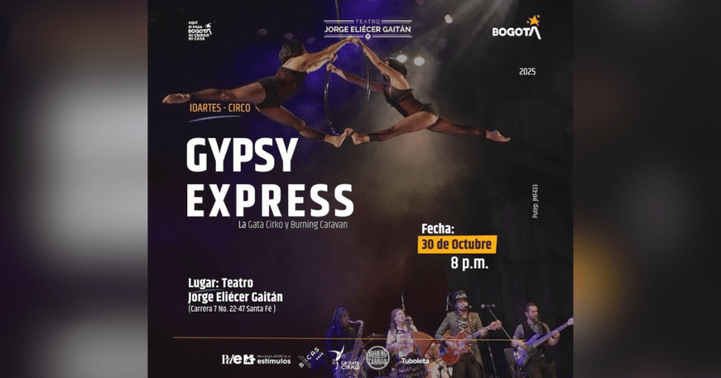 Imagen de cartel con la información de esta presentación, donde tampien se aprecia un grupo de malabaristas y músicos de circo