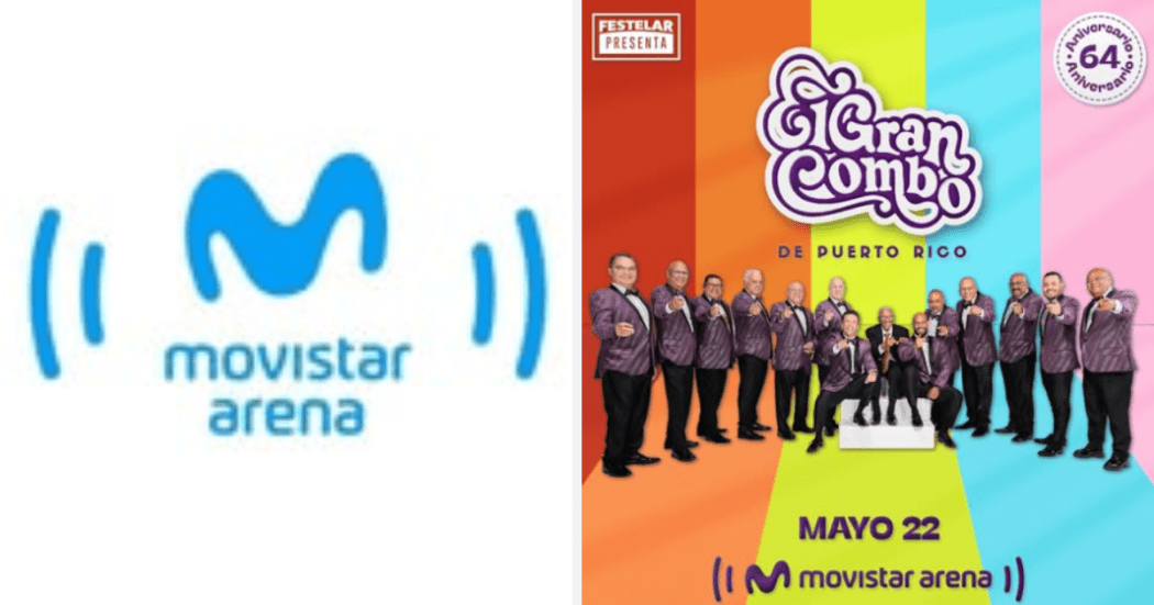 Imagen de cartel promocional del evento con imagen de la agrupación y a la izquierda imagen que dice Movistar Arena