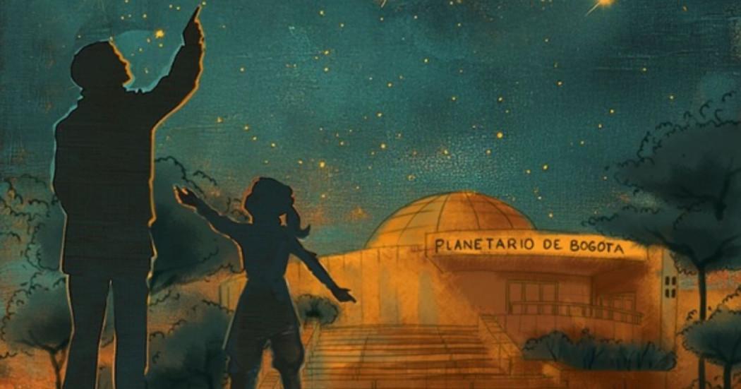 Imagen de siluetas de un hombre y una niña al frente del planetario mirando las estrellas