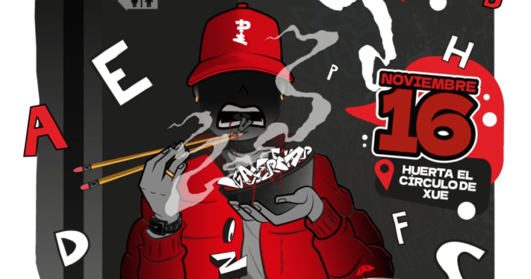 Imagen del cartel del evento donde se aprecia una imagen de un hombre vestido con chaquera y gorra roja con dos lapices en su mano que usa como palillos chinos