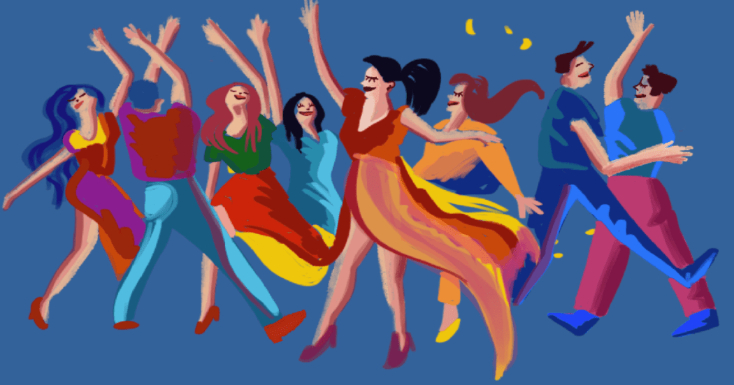 Imagen con la caricatura de varias personas de todas las edades bailando