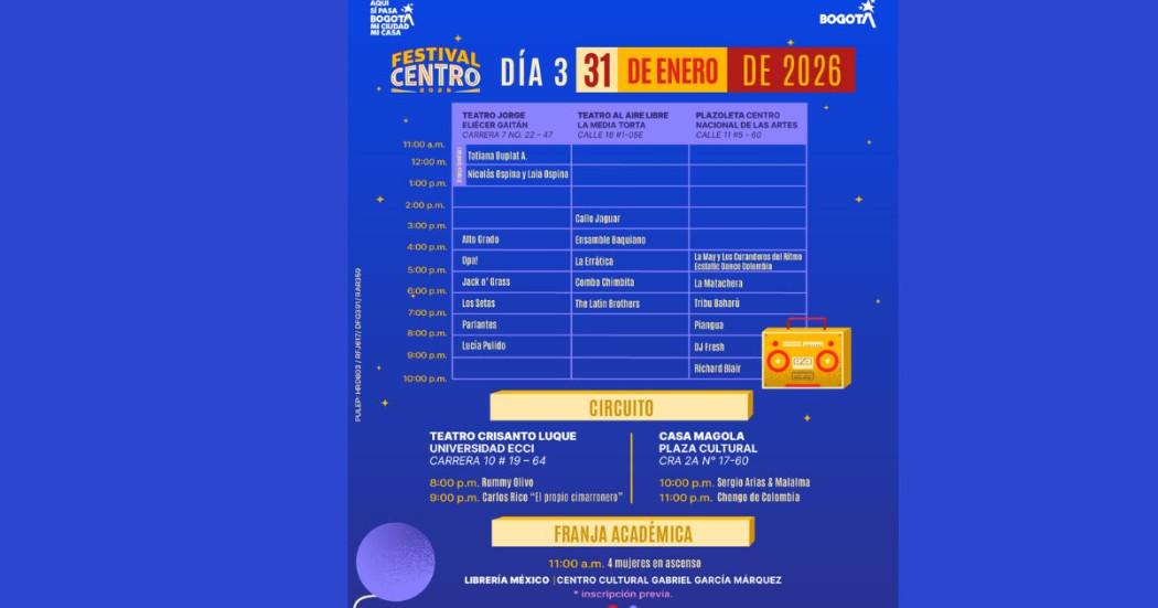 Imagen del cartel con la informaci{on de la agenda general del cuarto día del Festival Centro