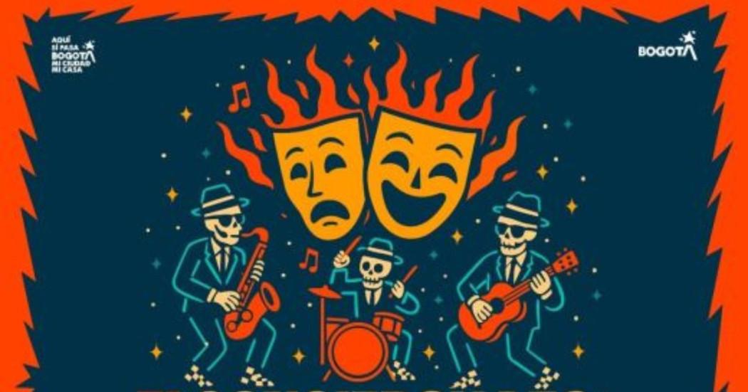 Imagen de 3 calaveras tocando instrumentos