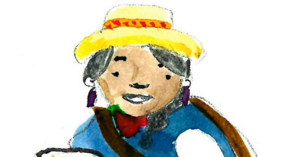 Imagen de un dibujo de una mujer campesina que lleva terciada su mochila 