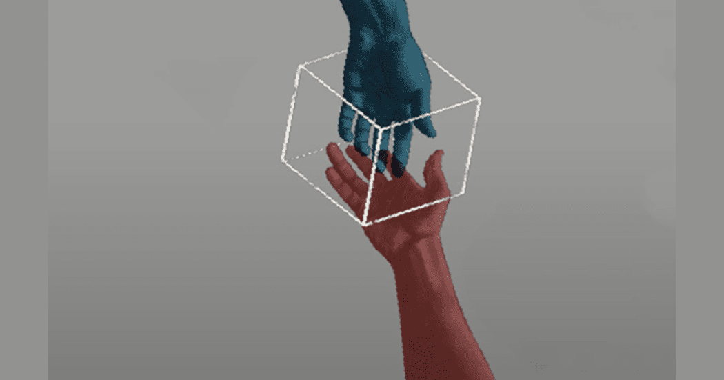 Imagen promocional de la obta en la que se aprecia una mano azul y una blanca enmarcadas en un cubo.