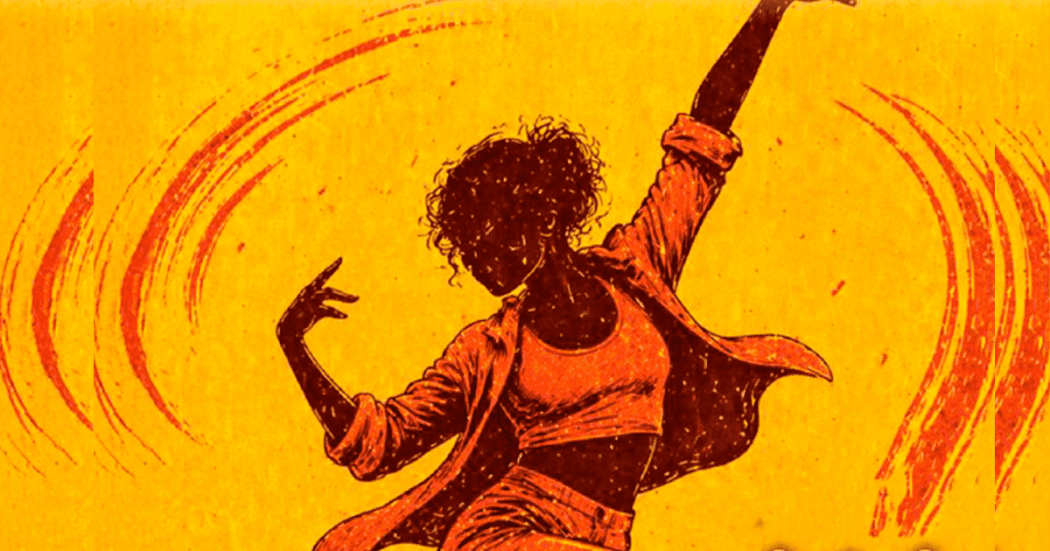 Imagen en un fondo color naranja de una mujer bailando.