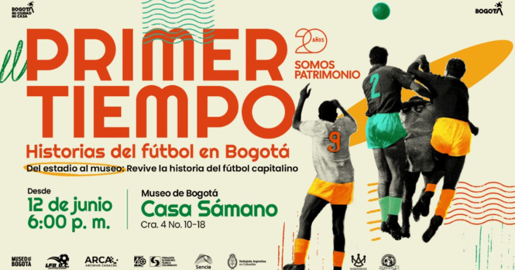 Imagen de afiche expo Primer Tiempo: Historia del fútbol en Bogotá con información y jugadores de espaldas